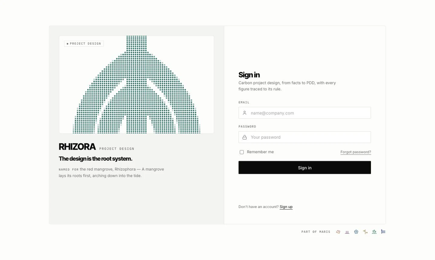 RHIZORA sign-in: the product card beside the sign-in box
